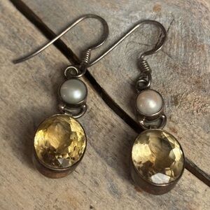 Sterling Silver, Citrine and Pearl Drop Earrings